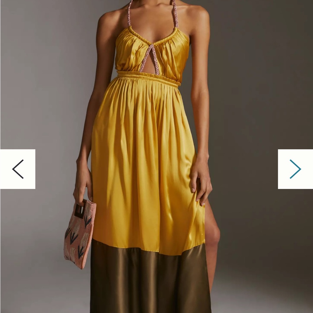 Yellow Maxi Dress with Olive Hem - Sleeveless Halter Style